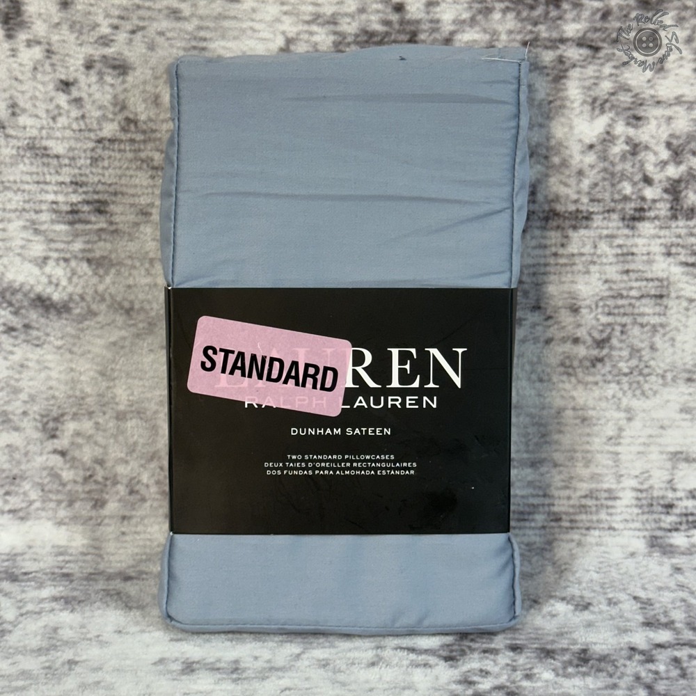 NWT Ralph Lauren Dunham Sateen Two King Pillowcases Mist Blue/Grey 300TC Cotton‎